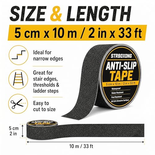 STRBOXONG Anti Slip Tape 2 in x 33 ft, Black 80 Grit Non Slip Grip Tape Roll, Waterproof Self Adhesive Traction Tape for Stairs Steps Ramps Ladders Workshop Walkways Industrial Safety Commercial Use - size: 2 in x 33 ft