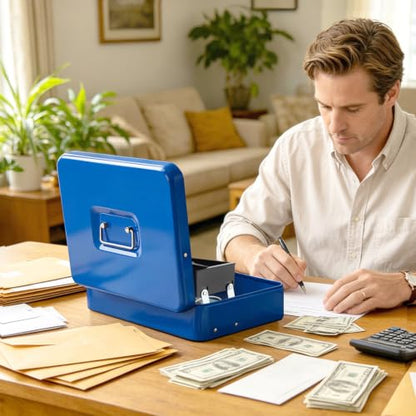 Jssmst Metal Cash Box with Money Tray and Lock, Portable Cash Drawer, 11.8" - color: Blue Key-C