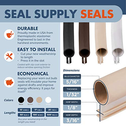 Window Weatherstrip Seal 5/16" Bulb Bubble Kerf Mount 4 Colors & 6 Length Options (50', Brown) - color: Brown, size: 50 Feet