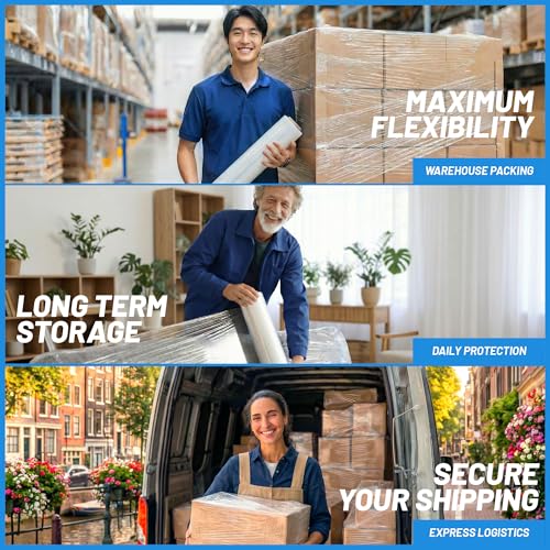 PRO 1000 Stretch Wrap for Furniture Wrapping & Moving, 15 Inch x 1000 Ft 70 Gauge with Rotating Handles, 4 Rolls + Bonus 4 Inch Mini Rolls & Safety Cutter, Heavy Duty Pallet Wrap Kit - size: 1000 ft
