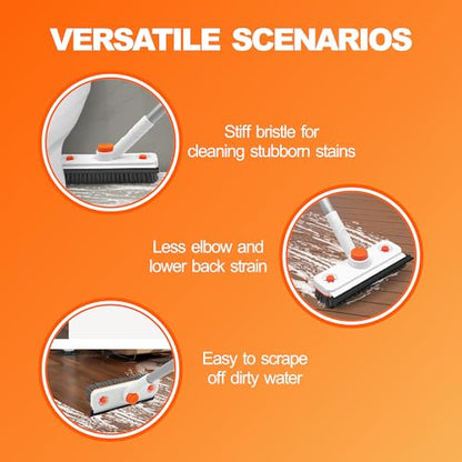 Floor Scrub Brush with Long Handle, 3-in-1 Rotating Scrubber with Squeegee