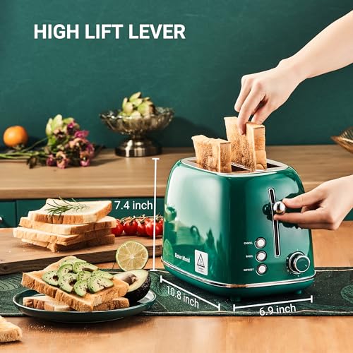 Roter Mond 2 Slice Toaster Retro Stainless Steel with Bagel, Cancel, and Defrost Functions, 6 Bread Shade Settings, Extra Wide Slots and Removable Crumb Tray, Green - color: Green