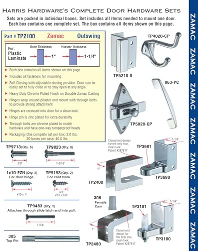 Harris Hardware TP2100 Cast Zamac Outswing Toilet Door Set for 1" Doors - size: 1 in. Outswing