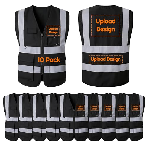 BeautyWill Custom LOGO Safety Vests Reflective Vest Class 2 ANSI with Pockets Zipper High Visibility Construction Uniform - color: A-black-10pack -Logo, size: XX-Large