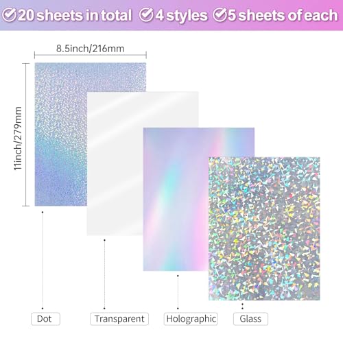 Holographic Sticker Paper for Inkjet & Laser Printer 8.5x11 inch Printable Vinyl Holographic Sticker Paper Self-Adhesive Waterproof- Diamond, Rainbow, Dots, Transparent- 20 Sheets - color: 4 Style- B, size: 8.5" x 11"