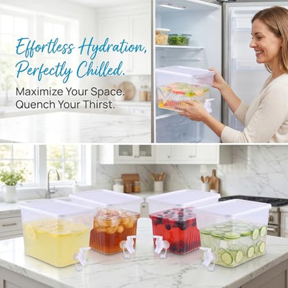BEWBBAT 4 Pack 1.3 Gallon Drink Dispenser with Spigot for Fridge, Leakproof Plastic Water Container Fridge Beverage Dispenser Ice Juice Dispenser with Spigot for Home Party Restaurant Bar Buffet