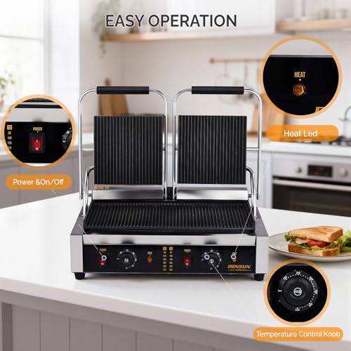 Bonnlo 813 Commercial Sandwich Make, 3600W Stainless Steel Countertop Panini Press Grill with Adjustable Temp 122°F–572°F, For Steak, Burgers, Home & Restaurant Use, 110V, Silver - size: 12.2"D x 22.2"W x 8"H