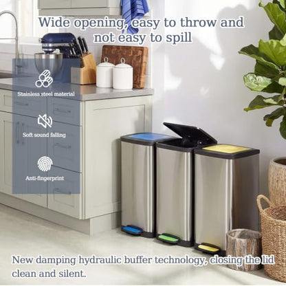 3 Compartment Pedal Recycling Bin Set, 45 L (3 × 15 L) Soft-Close Trash Can with Lids, Color Coded Step-On Stainless Steel Recycling Bins for Kitchen & Home