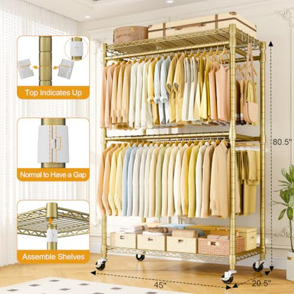 ULIFHOME Rolling Clothes Rack, Clothing Racks for Hanging Clothes, Gold - color: Gold, size: P4 Plus