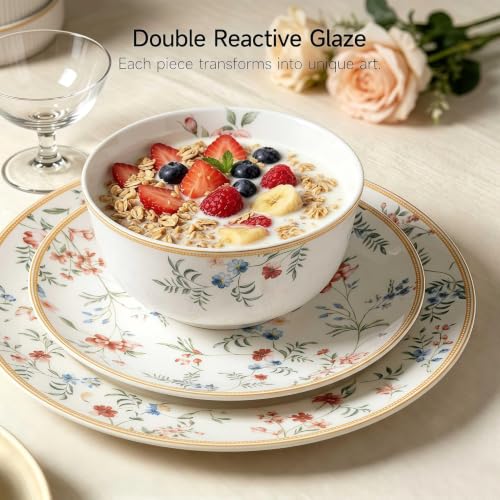 Bone China Dinnerware Set for 4, 12 Pcs Floral Plates and Bowls, Gold Rim - color: pestel blossoms