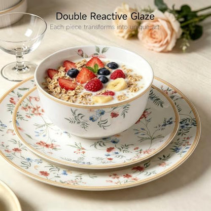 Bone China Dinnerware Set for 4, 12 Pcs Floral Plates and Bowls, Gold Rim - color: pestel blossoms