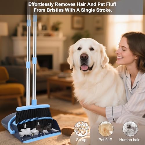 Broom and Dustpan Set 52-in Long Adjustable Handle Broom Dustpan Combo - color: Blue