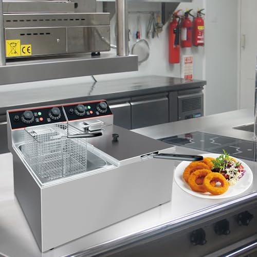 Commercial Deep Fryer with Basket, 12L Electricity Countertop Fryer Stainless Steel, 1800W Professional Food Fryer with Thermostat for Restaurant & Home, Large Capacity 12.7QT Oil Fryer, 120V - size: 6L double cylinder double screen
