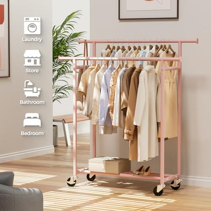 HYSEYY Clothes Rack, Double Rods Rolling Clothing Rack for Hanging Clothes, Portable Garment Rack with Wheels, Coat Rack Wardrobe Closet Load 240 LBS for Bedroom Laundry Room (Pink, L) - color: Pink