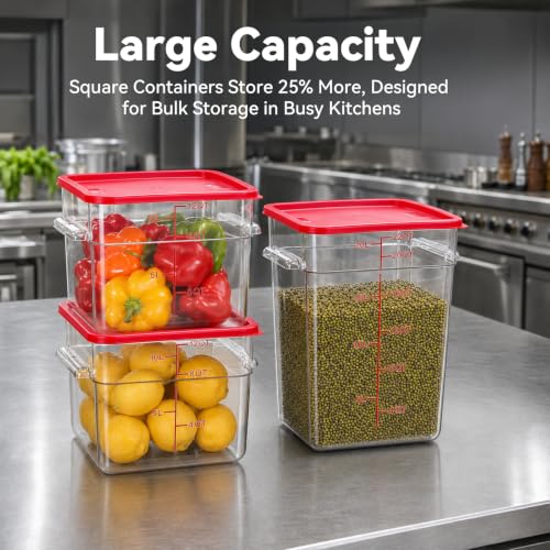 4 Pack Food Storage Containers with Red Lids, 22.0 Qt - Square, Clear, Polycarbonate, for Restaurant Commercial Kitchen and Home party - color: 22.0 Qt-Red Lids