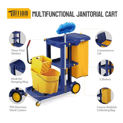TUFFIOM Commercial Traditional Cleaning 3-Shelf Janitorial Cart, 500 Lbs Capacity Housekeeping Cart, Wheeled with Yellow VinylBag and Cover w Lid, Blue, - color: Blue