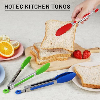 HOTEC Small Silicone Kitchen Tongs 7-Inch Mini Serving Tongs, Set of 3 - color: Red,Blue,Green