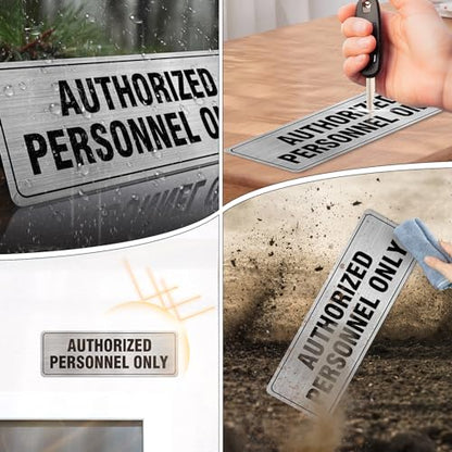 EVQ Authorized Personnel Only Sign Aluminum Metal Silver 9 x 3 Inch 4 Pack - color: Authorized Personnel ff Only