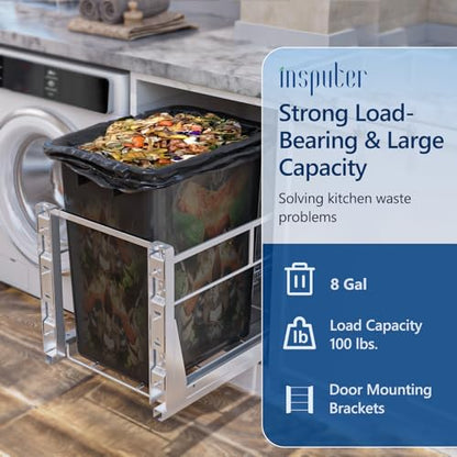 Insputer 8 Gal Pull Out Trash Can Under Cabinet with Soft-Close Slides - color: Silver, size: Single-8Gal