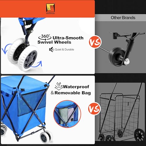 Wellmax Folding Shopping Cart with Canvas Bag & Cover, Holds 120 lb, Blue - color: Blue