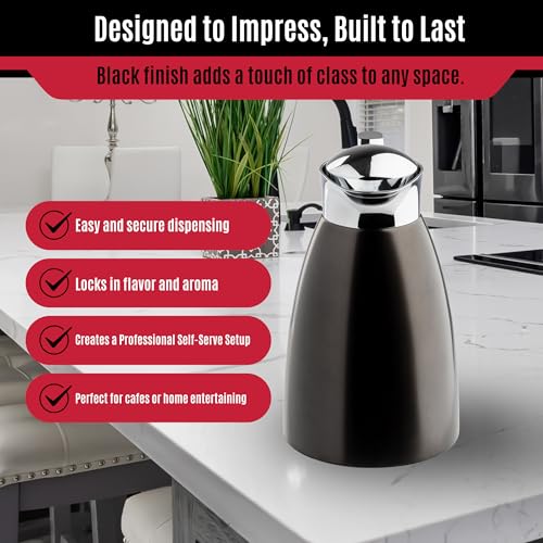 TableCraft 12681 50 oz (1.5 L) Stainless Steel Coffee Carafe, Brushed Stainless Steel with Black PVD Finish, Vacuum Insulated, Lightweight Leak Proof Coffee Dispenser, For Cafes & Restaurants