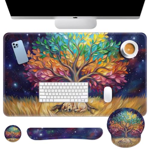 Britimes Keyboard Mouse Pad Set, 4 in 1 Desk Mat Set, Tree Oil Painting - color: Colorful Tree