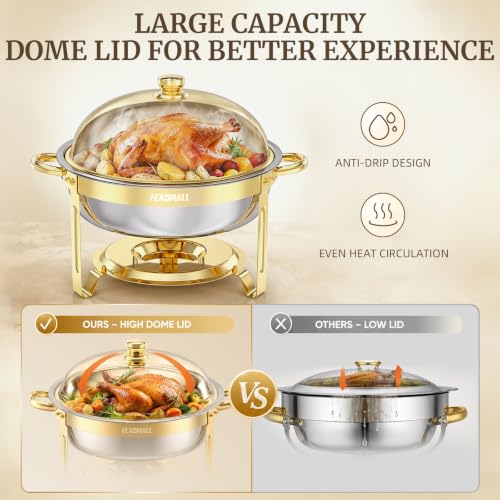 HEADMALL Chafing Dishes for Buffet 4 Pack, 6QT Round Gold Chafing Dish Buffet Set with High Dome Lid, Stainless Steel Food Warmers for Parties, Catering Supplies and Buffet Servers, Safe Rolled Edge - color: Gold