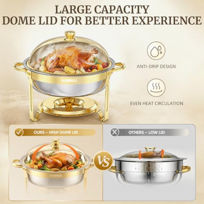 HEADMALL Chafing Dishes for Buffet 4 Pack, 6QT Round Gold Chafing Dish Buffet Set with High Dome Lid, Stainless Steel Food Warmers for Parties, Catering Supplies and Buffet Servers, Safe Rolled Edge - color: Gold