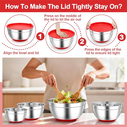 TeamFar Mixing Bowls, Stainless Steel Salad Bowls with Lids - Red - color: Red