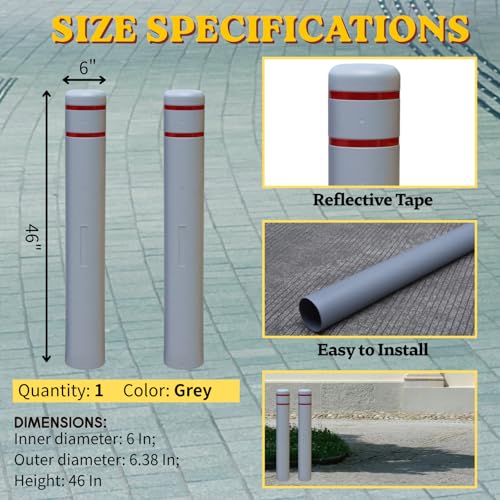 Durable Bollard Cover - Heavy Duty Waterproof Weather Resistant,High Visibility Bollard Post Sleeve with Reflective Tape for Indoor/Outdoor Parking Lot, Warehouse,Walkways(6" Dia X 46" H, Grey) - color: Grey, size: 6" X 46"