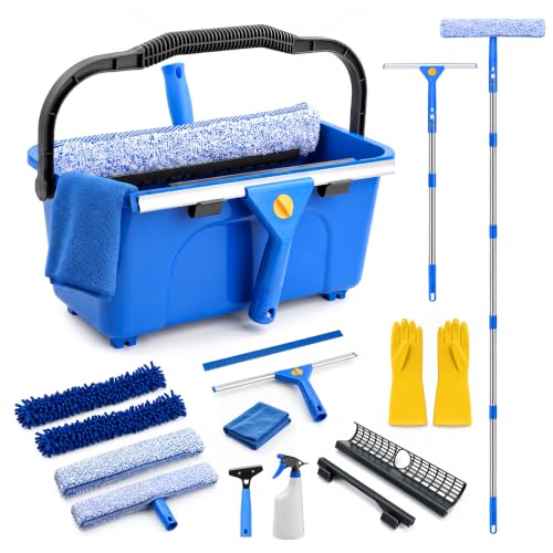 19-Piece Window Cleaning Kit with 3-Gallon Bucket, Professional Window Washing Kit with 78" Extension Pole, 14" Silicone Squeegee,15" Scrubber and Replacement Pads, for for Indoor and Outdoor Glass