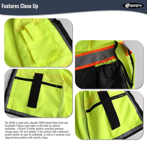 JKSafety Hi-Vis Unisex Surveyor Safety Vest Heavy Duty PPE Inner Pockets ANSI/ISEA Compliant - color: 188-yellowblack, size: Small
