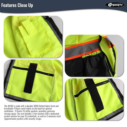 JKSafety Hi-Vis Unisex Surveyor Safety Vest Heavy Duty PPE Inner Pockets ANSI/ISEA Compliant - color: 188-yellowblack, size: Large