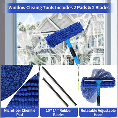 67" Squeegee Window Cleaner, 2 in 1 Professional Window Cleaning Tool Kit with Extension Pole, Window Washing Equipment with Rotatable Head for Indoor Outdoor Windows Car Glass - color: Blue