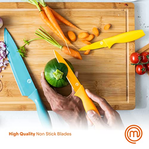 MasterChef Kitchen Knives Set with Covers incl. Paring, Boning, Carving, Bread, Santoku & Chef Knife, Sharp Cutting Stainless Steel Blades with Sheaths, 12 Piece (6 Colored Knives & 6 Covers) - color: Vivid (with Captions), style: Knives with Covers
