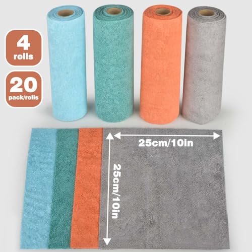 CONLI 4 Roll Microfiber Cleaning Cloth 80 Pack Reusable Microfiber Towels for Household Cleaning and Car Cleaning Easy Tear-Away and Lint Free