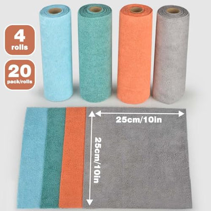 CONLI 4 Roll Microfiber Cleaning Cloth 80 Pack Reusable Microfiber Towels for Household Cleaning and Car Cleaning Easy Tear-Away and Lint Free