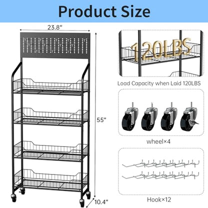 5 Tier Retail Display Rack, Snack Organizer Stand With Wheels & Hooks, Candy Potato Chip Metal Wire Display Shelf Cart for Supermarket and Home Kitchen, Black (55 * 23.8 * 10.4)