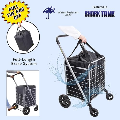 dbest Products Cruiser Cart Deluxe 2 with Liner Bag Bundle Shopping Grocery Rolling Folding Laundry Basket on Wheels Foldable Utility Trolley Compact Lightweight Collapsible - color: Silver, style: Deluxe 2 Bundle