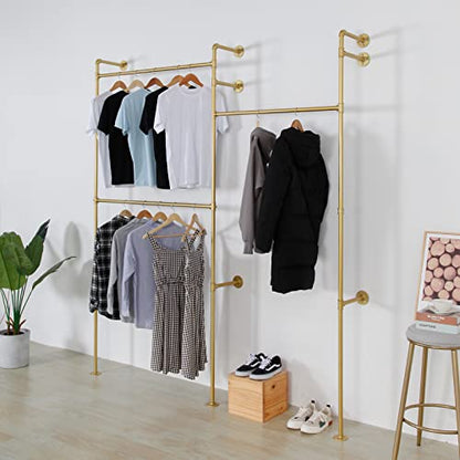 Modern Simple Industrial Pipe Double Hanging Rods Clothing Rack, Clothes Rack Wall Mounted Heavy Duty Hanging Clothes Rack, Detachable Garment Bar 93.7X84inch (Gold) - style: 3-Hanging Gold