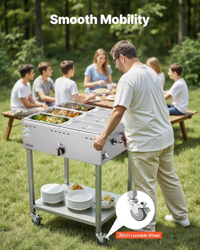 VEVOR 6-Pan Commercial Propane Steam Table, LP Gas Outdoor Soup Warmer with Drain Valve and 3" Wheels, Stainless Steel Propane Food Warmer with Adjustable Temperature, for Restaurant Outdoor Camping - size: 6×1/3 Pan;48QT