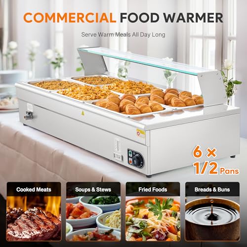 WILPREP 6-Pan Commercial Food Warmer with Sneeze Guard, Six 1/2 Pans, 1500W Countertop Electric Warmer, 86-185°F Adjustable Temp Control, Stainless Steel Buffet Bain Marie - size: 1/2 pan*6