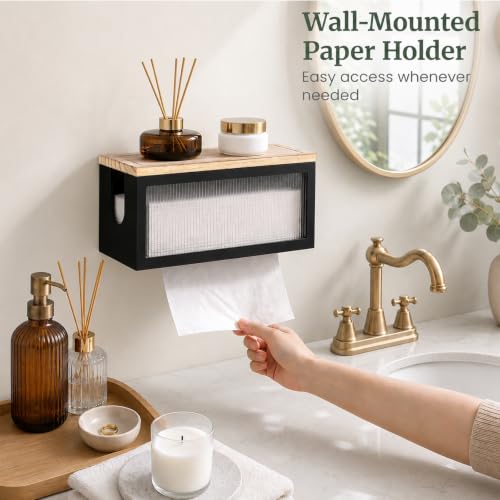 Wooden Paper Towel Holder with Lid & Acrylic Window Wall Mounted - color: Black Acrylic