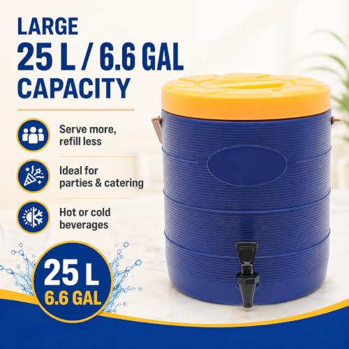 Insulated Beverage Dispenser 3 Gal/6.6Gal, Stainless Steel Commercial Drink Dispenser with Spigot, 24H Hot/Cold Thermal Carafe for Coffee, Tea, Water, Parties (Blue, 6.6Gal/25L) - color: Blue, size: 6.6Gal/25L