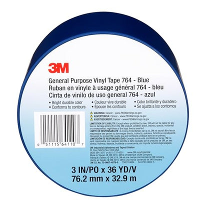 3M General Purpose Vinyl Tape 764, Blue, 3 in x 36 yd, 5 mil, 1 Roll - color: Blue, size: 3 in x 1296 in