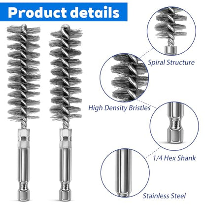 6 Pcs Stainless Steel Bore Brush Copper Pipe Cleaner, 6 Size Twisted Wire Cleaning Brush Set with 1/4 Inch Hex Shank for Cleaning Tubes Rust Bearings(8, 10, 12, 15, 17, 19mm)