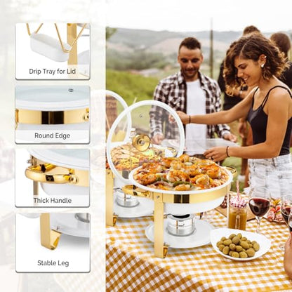ROVSUN 6QT Chafing Dishes for Buffet 8 Pack, [Game Changer Maifanite-Coated] Chafing Dish Buffet Set, [Unique White & Gold Color] Chafers and Buffet Warmers Sets with Lid Holder for Party Wedding - color: White-gold