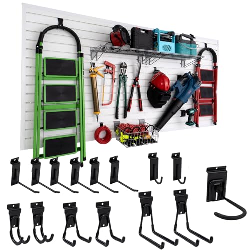 FRAYSCENT Slat Wall Paneling Garage Slat Wall Storage Systems Slatwall Panels Power Tool Organizer Wall Mount, PVC Garage Storage & Organization Products Slate Board (White, 4ft x 8ft with 15 Hooks) - color: White, size: 8x4ft(15hooks)