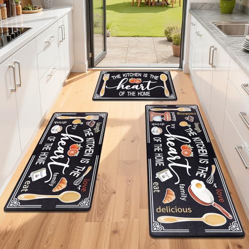 Yamaziot Anti Fatigue Kitchen Rug Set of 3, Non-Slip Cushioned Floor Mats - color: Black, size: 17.3"x27"+17.3"x35"+17.3"x 47"