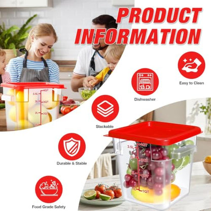 Square Storage Container with Lid, Commercial Box with Measurement Marks & Handle, for Baking, Dough Proofing, Meat Brining, Kitchen Tool (Red, 4QT-4PACK) - size: 4QT-4PACK